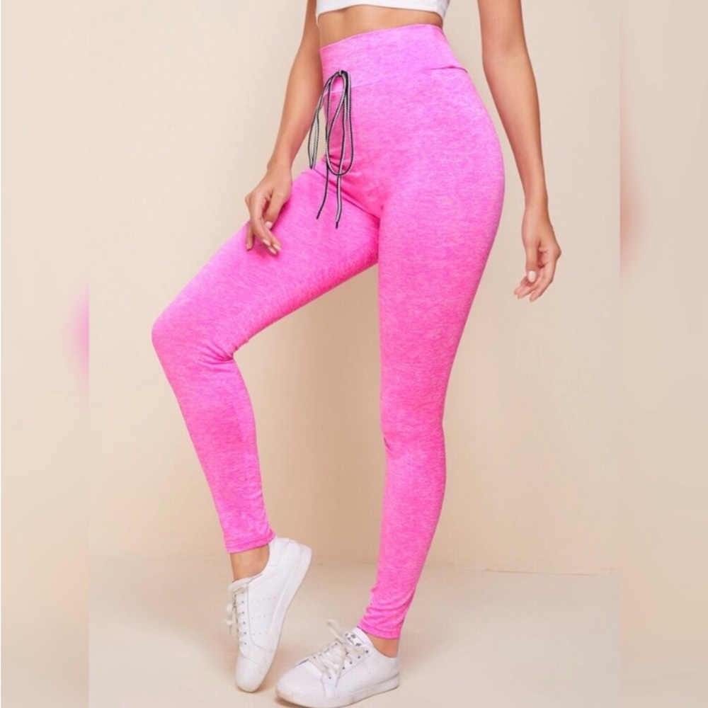PINK HIGH WAISTED DRAWSTRING LEGGINGS - Picture 1 of 7